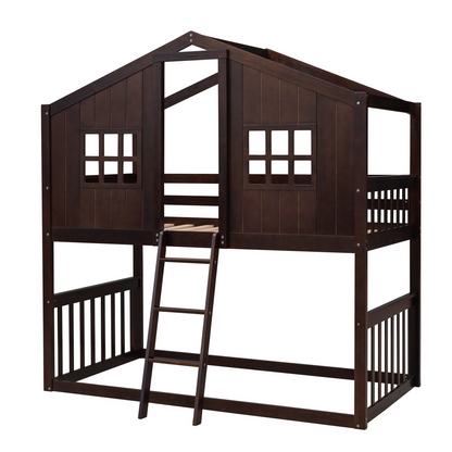 Wood twin over twin house bunk bed with ladder, ideal furniture for kids and teens, by Start2Finish