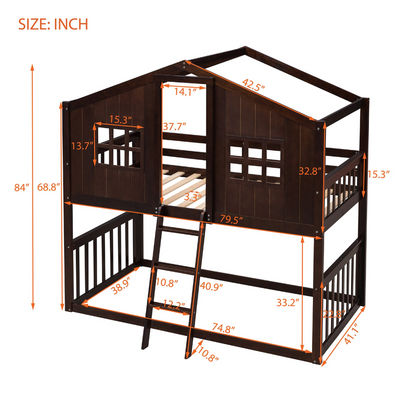 Wood twin over twin house bunk bed with ladder for kids and teens, sturdy furniture from Start2Finish showing the bed structure