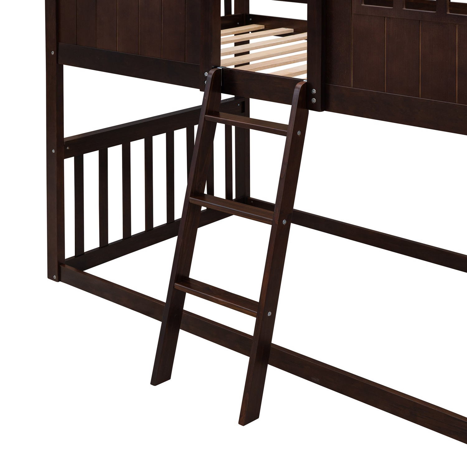 Start2Finish twin over twin house bunk bed with ladder, wooden furniture for kids and teens, showing the bunk bed frame and ladder.