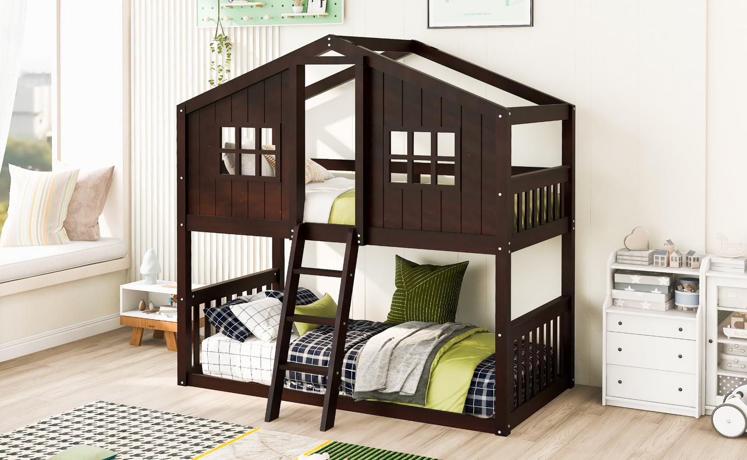 Start2Finish twin over twin house bunk bed with ladder, wooden furniture for kids and teens, featuring a cozy house design.