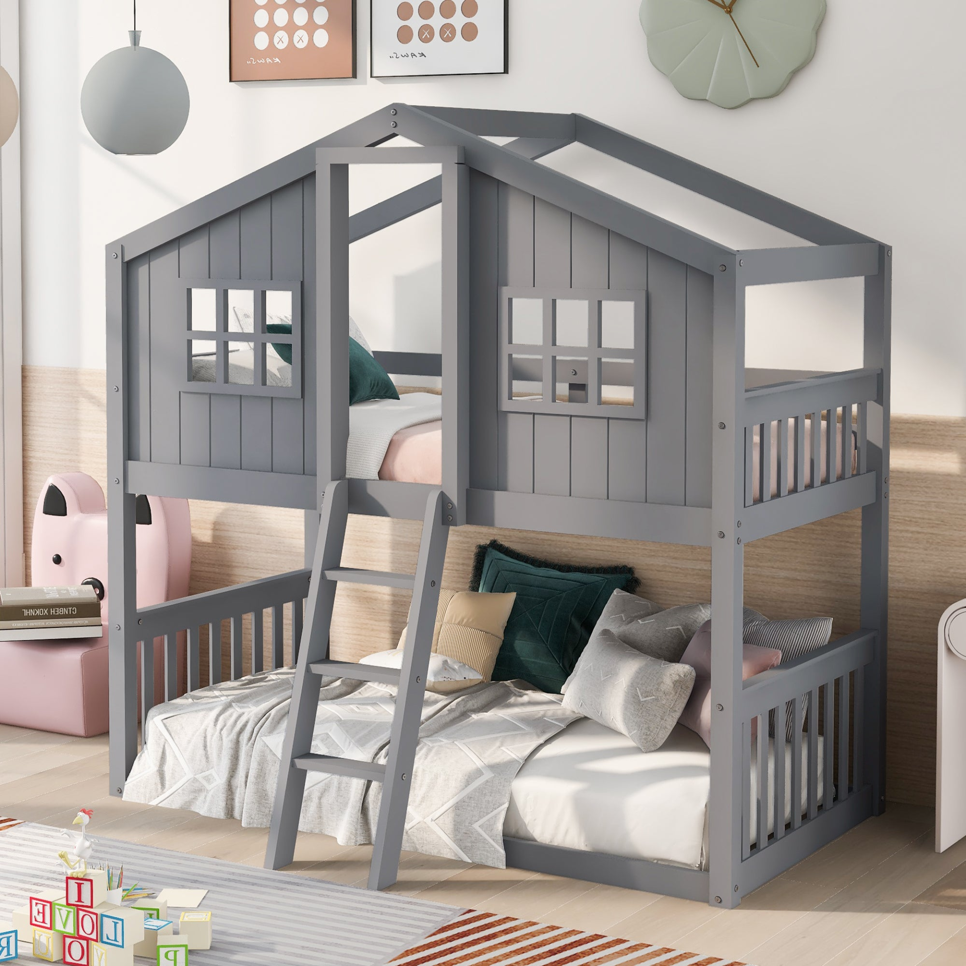 Start2Finish twin over twin house bunk bed with ladder, wooden furniture for kids and teens, showcasing the bed&