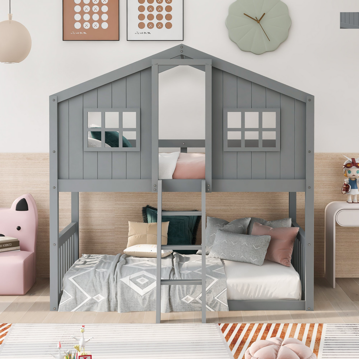 Wood twin over twin house bunk bed with ladder, ideal for kids and teens, featuring a sturdy design by Start2Finish.