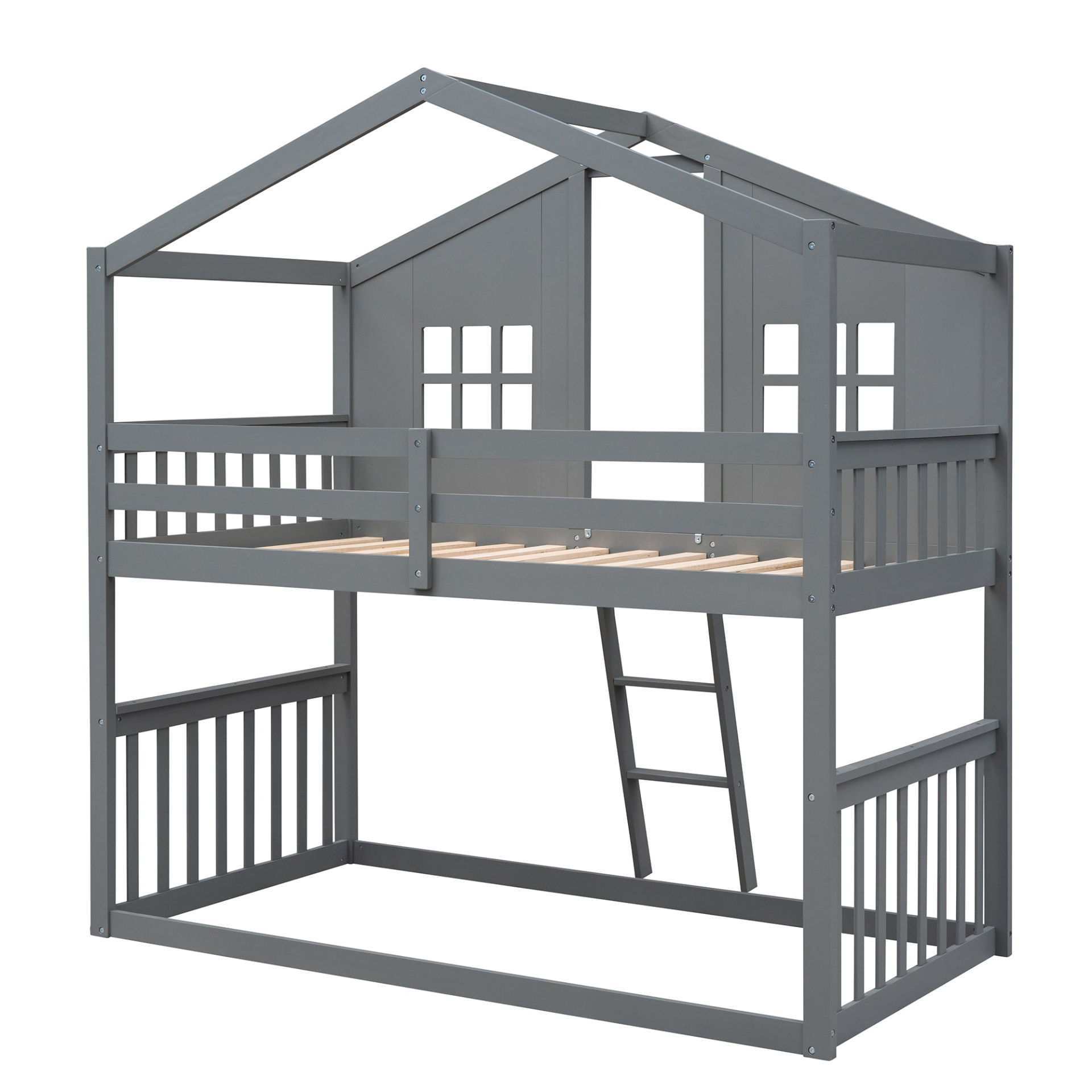 Start2Finish twin over twin house bunk bed with ladder, wooden furniture for kids and teens, featuring a cozy house design.