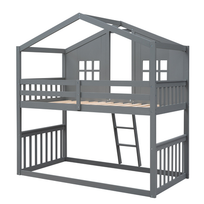 Start2Finish twin over twin house bunk bed with ladder, wooden furniture for kids and teens, featuring a cozy house design.