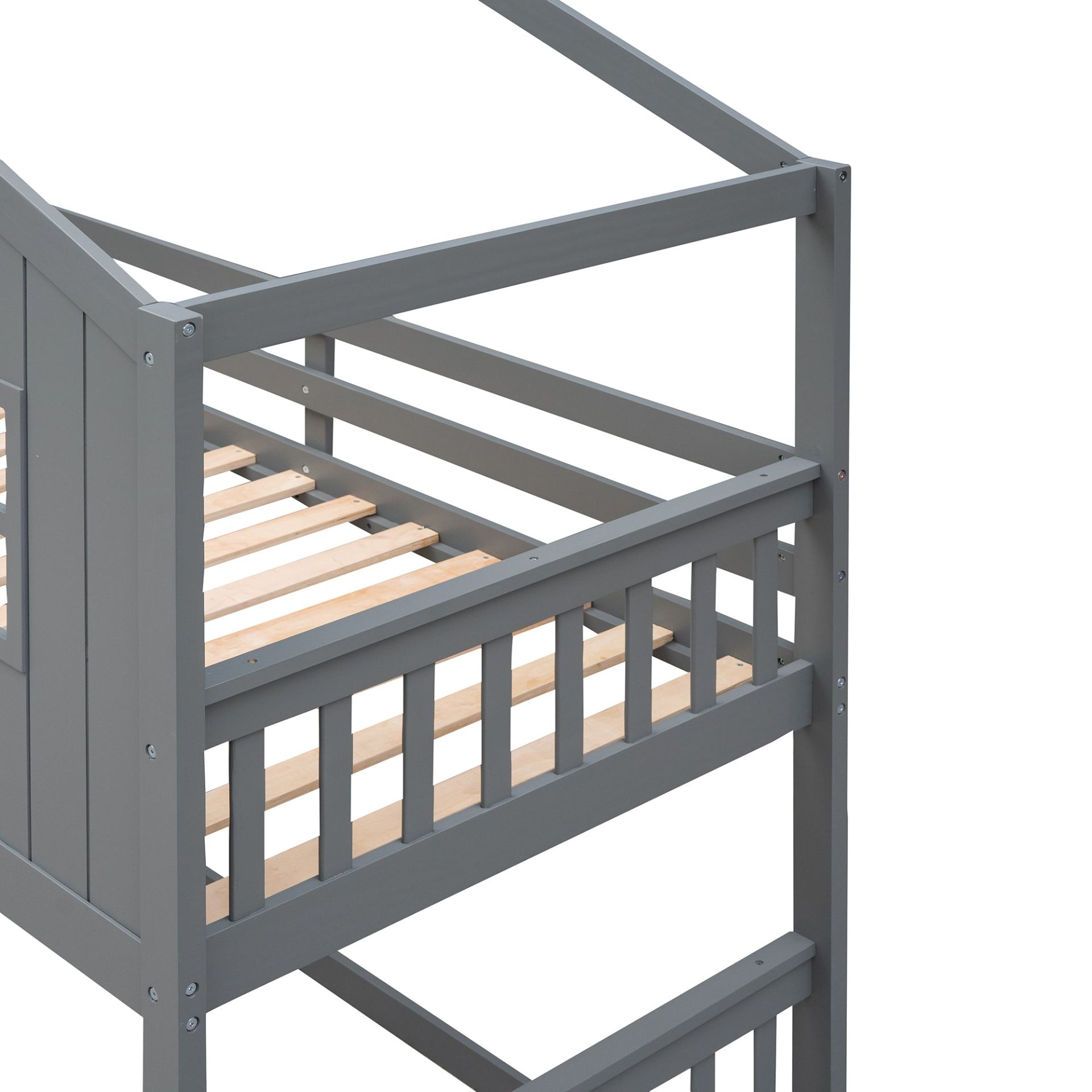 Start2Finish twin over twin house bunk bed with ladder, wooden kids and teens furniture, featuring a cozy house design and safety rails.