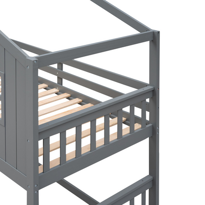Start2Finish twin over twin house bunk bed with ladder, wooden kids and teens furniture, featuring a cozy house design and safety rails.