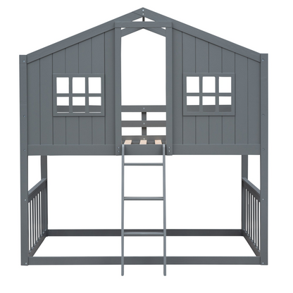 Wood twin over twin house bunk bed with ladder for kids and teens, sturdy furniture by Start2Finish, ideal for shared bedrooms