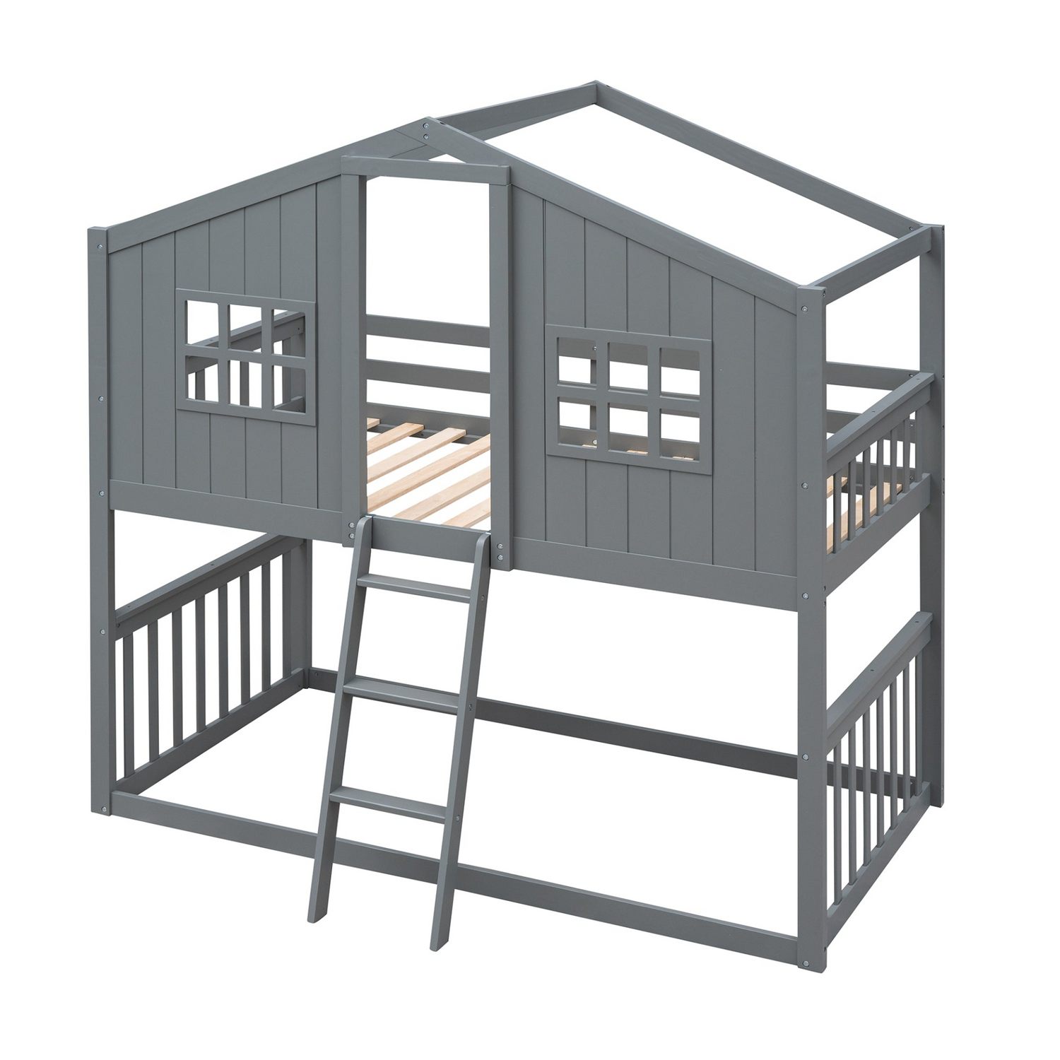Wood twin over twin house bunk bed with ladder by Start2Finish, designed for kids and teens, featuring a cozy house-shaped frame and safety rails.