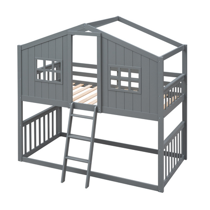 Wood twin over twin house bunk bed with ladder by Start2Finish, designed for kids and teens, featuring a cozy house-shaped frame and safety rails.