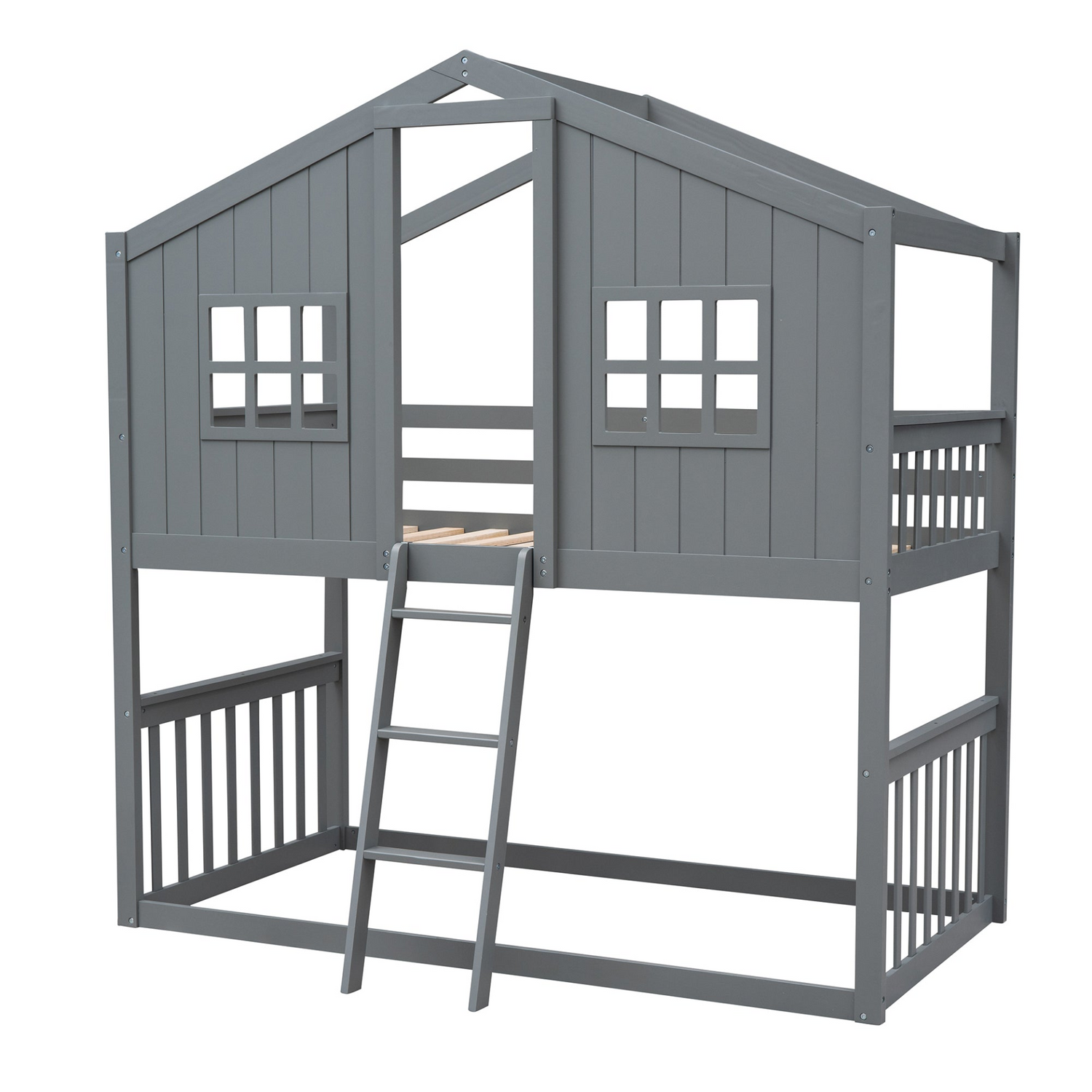 Start2Finish twin over twin house bunk bed with ladder, wooden kids and teens furniture for space-saving sleeping arrangement.