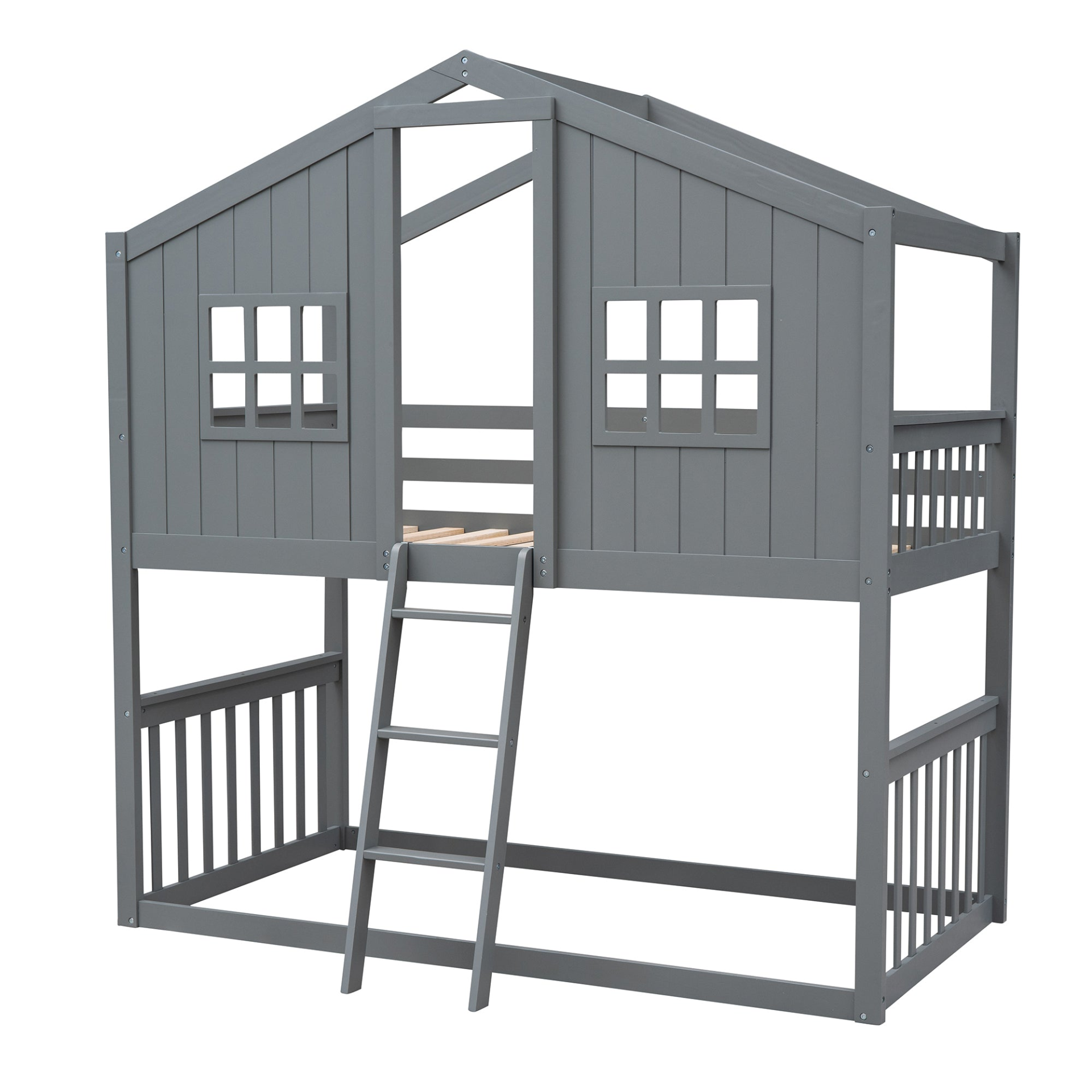 Start2Finish twin over twin house bunk bed with ladder, wooden kids and teens furniture for space-saving sleeping arrangement.