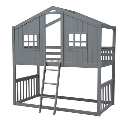Start2Finish twin over twin house bunk bed with ladder, wooden kids and teens furniture for space-saving sleeping arrangement.