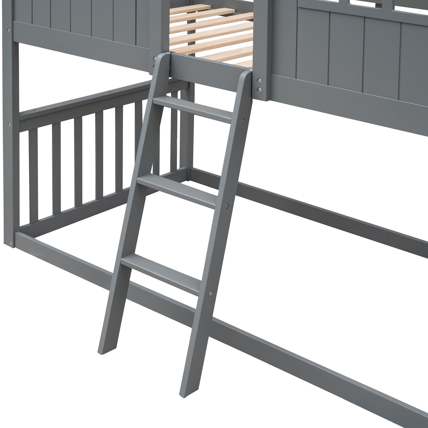 Wood twin over twin house bunk bed with ladder, ideal furniture for kids and teens, by Start2Finish.