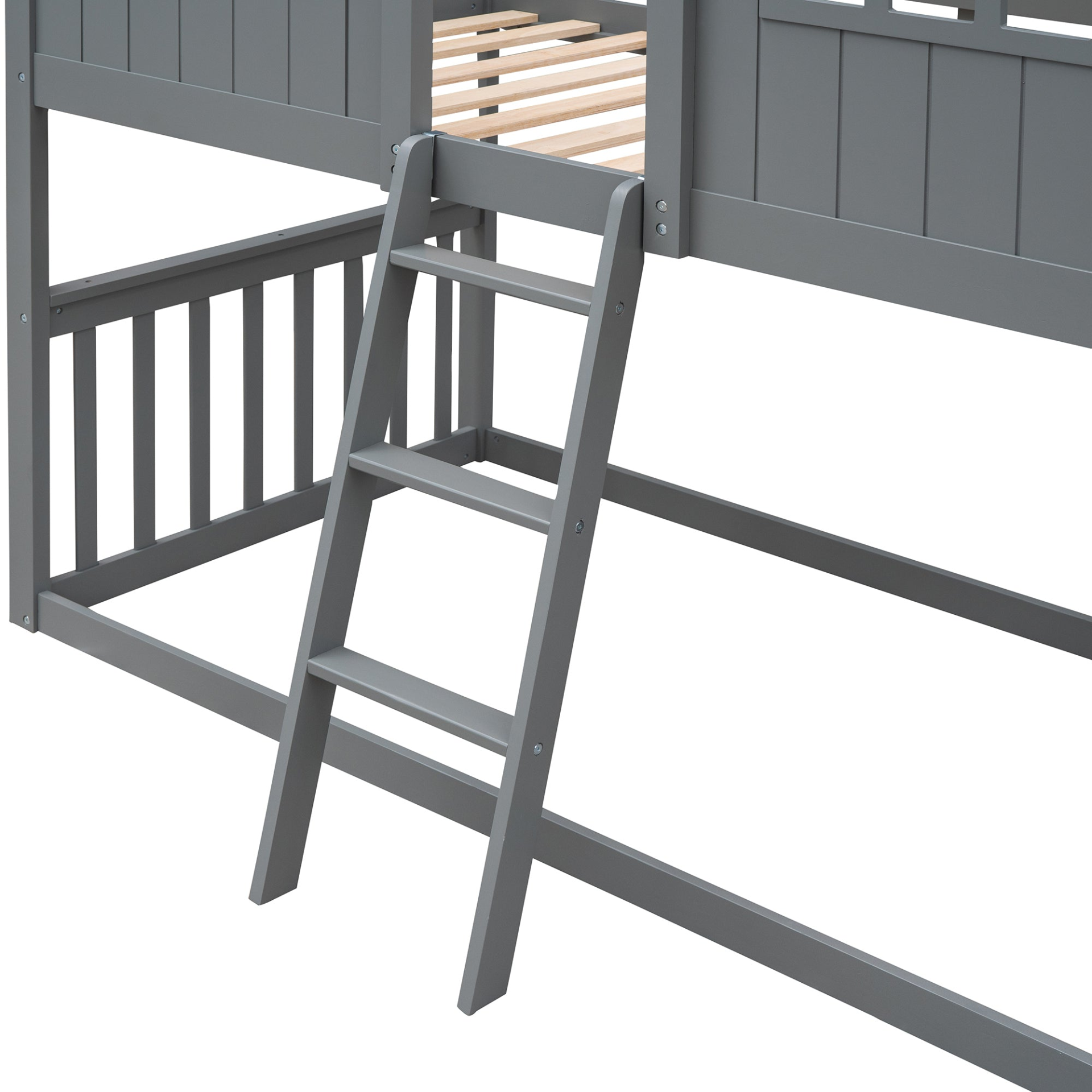 Wood twin over twin house bunk bed with ladder, ideal furniture for kids and teens, by Start2Finish.