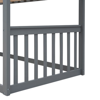 Wood twin over twin house bunk bed with ladder, ideal for kids and teens, featuring a cozy house-shaped design and sturdy construction.