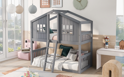 Wood twin over twin house bunk bed with ladder for kids and teens, sturdy furniture from Start2Finish