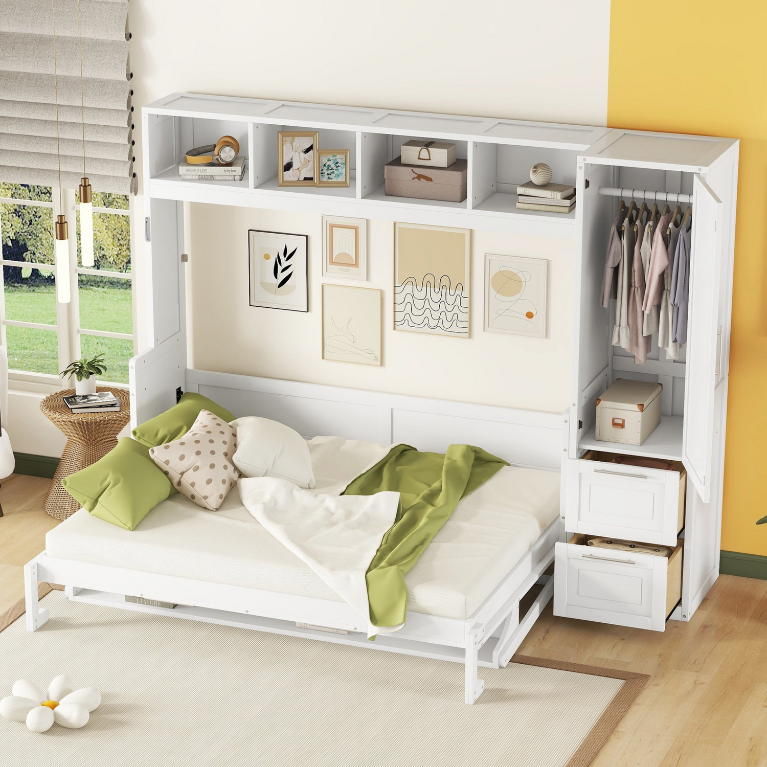 Queen size Murphy wall bed by Start2Finish with built-in closet and drawers, modern space-saving design in a sleek bedroom setting.