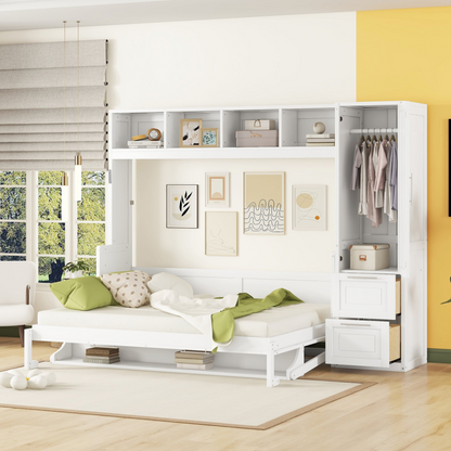 Queen size Murphy wall bed by Start2Finish with built-in closet and drawers, modern space-saving design, shown in a contemporary room.