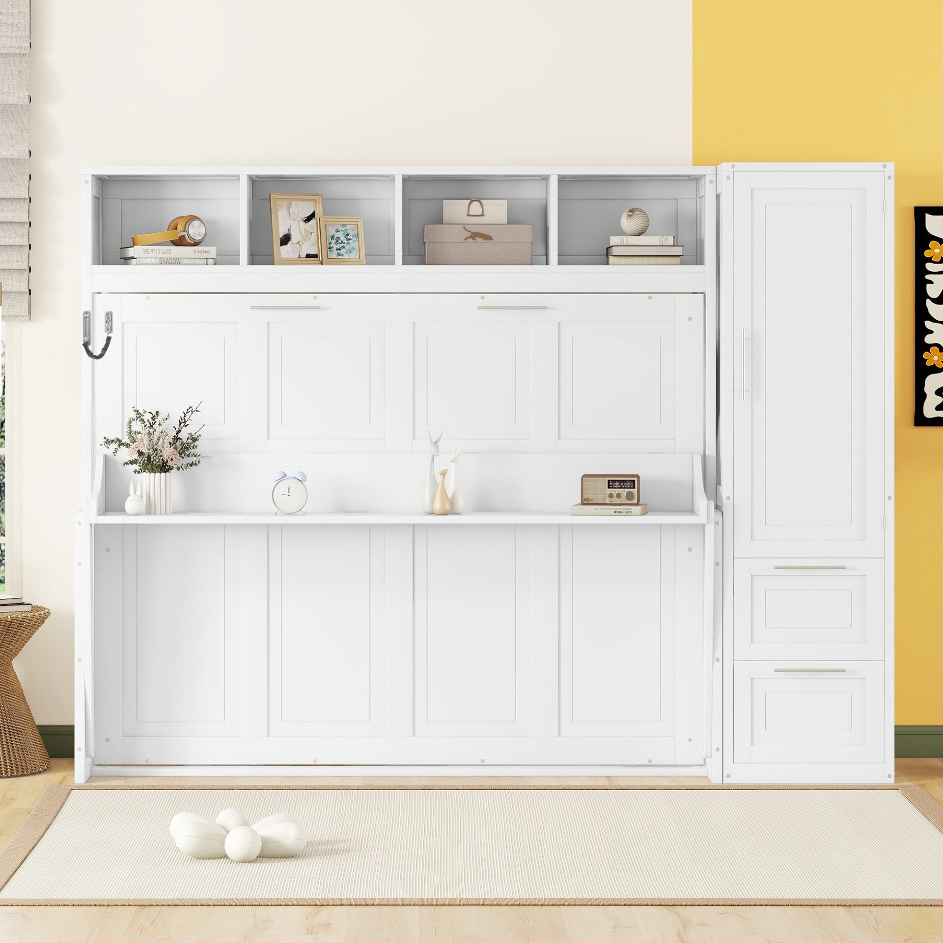 Start2Finish queen size Murphy wall bed with built-in closet and drawers, modern space-saving design in a contemporary room setting.