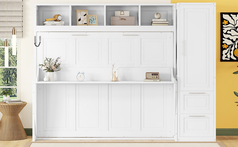 Queen size Murphy wall bed by Start2Finish with built-in closet and drawers, modern space-saving design in a sleek room setting.