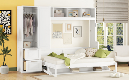 Queen size Murphy wall bed by Start2Finish with built-in closet and drawers, modern space-saving bedroom furniture.