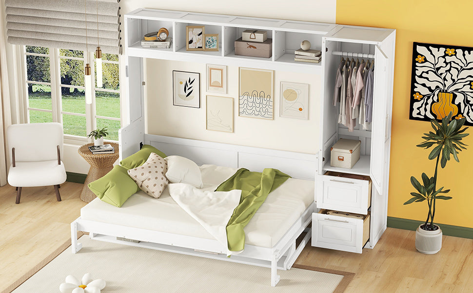 Queen size Murphy bed by Start2Finish with integrated closet and drawers, space-saving wall bed in a modern design.
