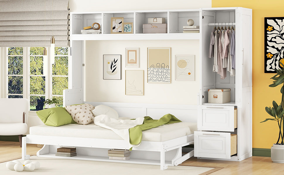 Queen size Murphy wall bed by Start2Finish with built-in closet and drawers, modern space-saving design in a stylish room setup.