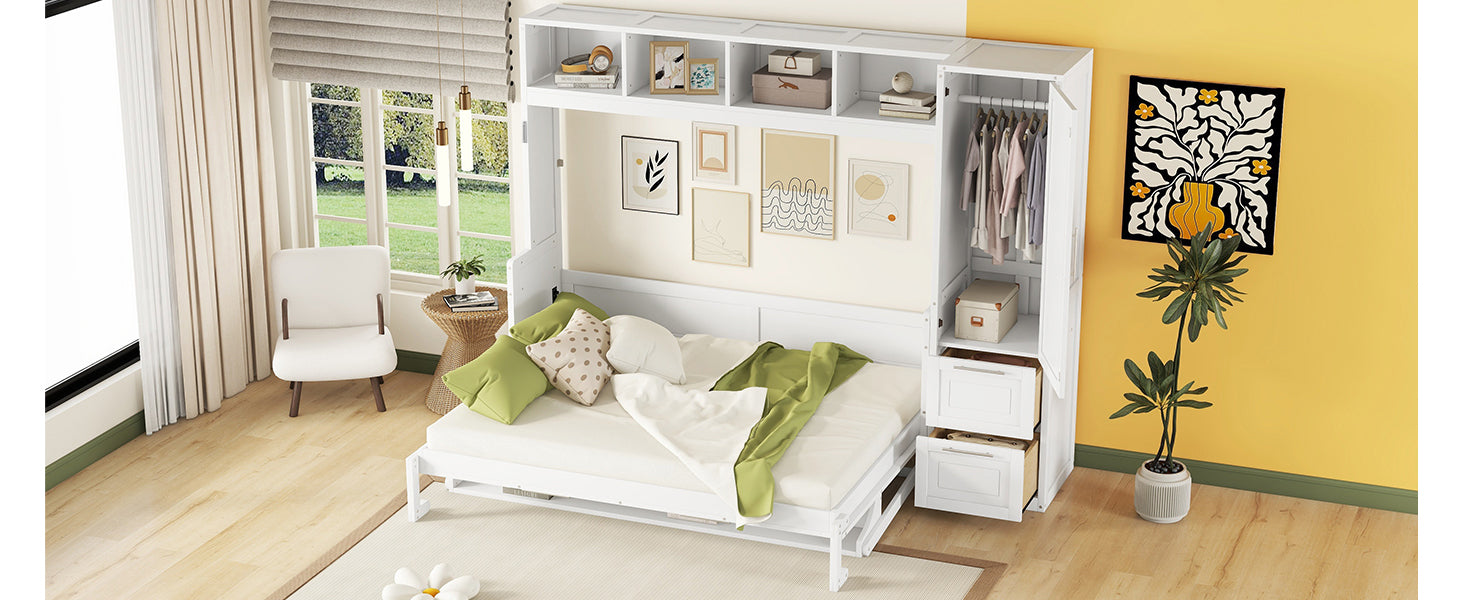 Queen size Murphy wall bed from Start2Finish with built-in closet and drawers, modern space-saving bedroom furniture.