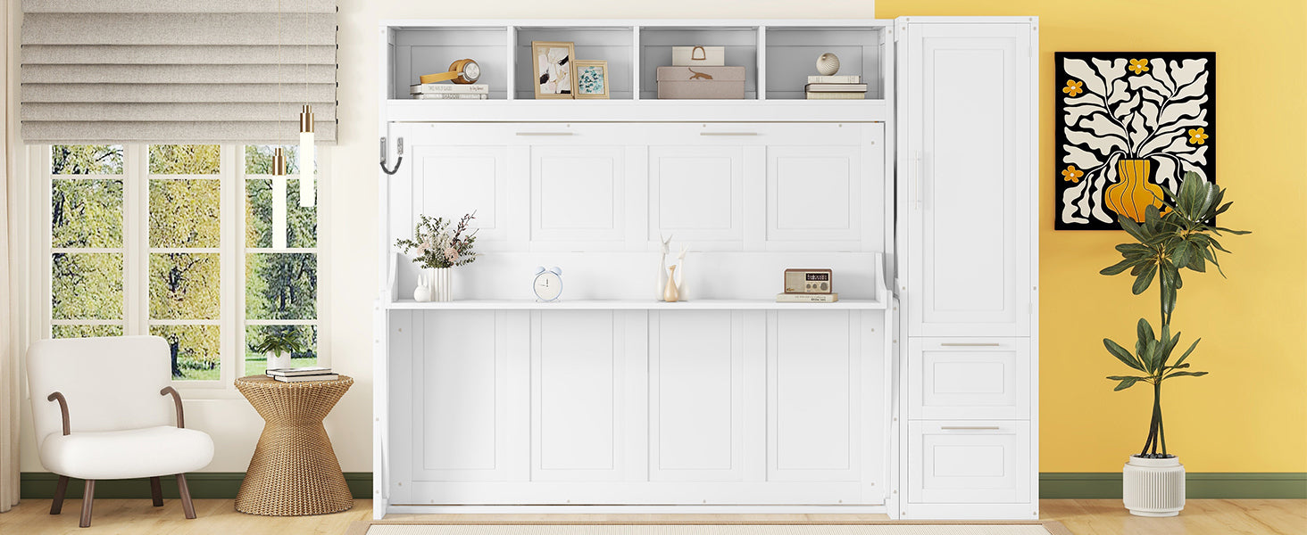 Queen size Murphy bed wall unit by Start2Finish with built-in closet and drawers, modern space-saving design in a contemporary room setting.