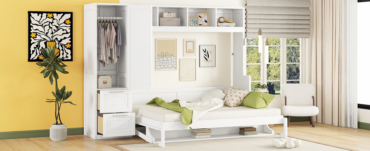 Modern queen size Murphy wall bed with built-in closet and drawers, space-saving design by Start2Finish