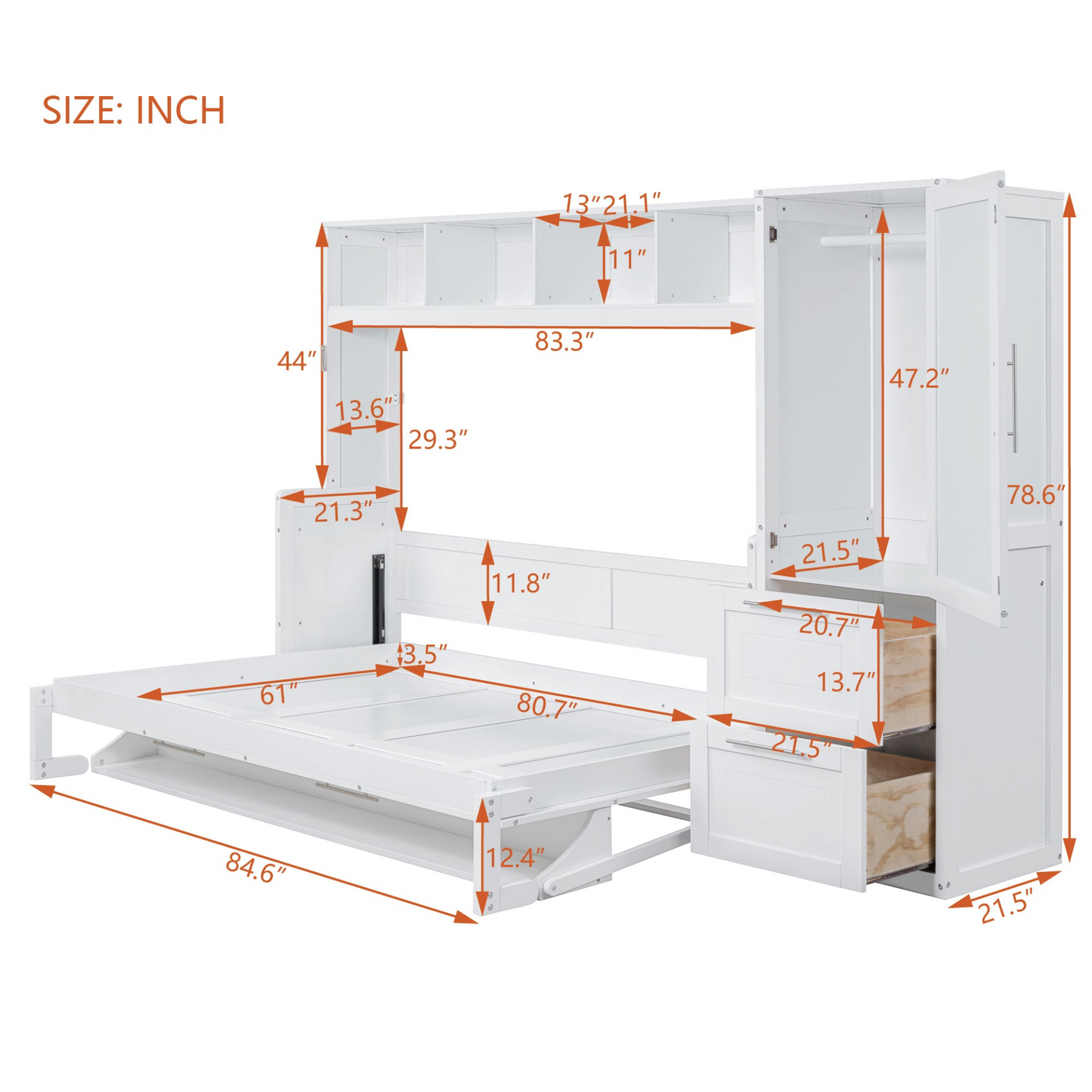 Queen size Murphy wall bed with closet and drawers, modern space-saving bedroom furniture by Start2Finish.