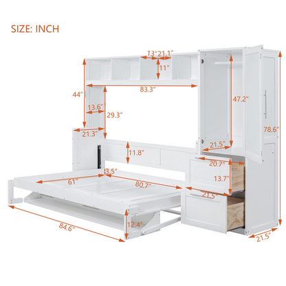 Queen size Murphy wall bed with closet and drawers, modern space-saving bedroom furniture by Start2Finish.