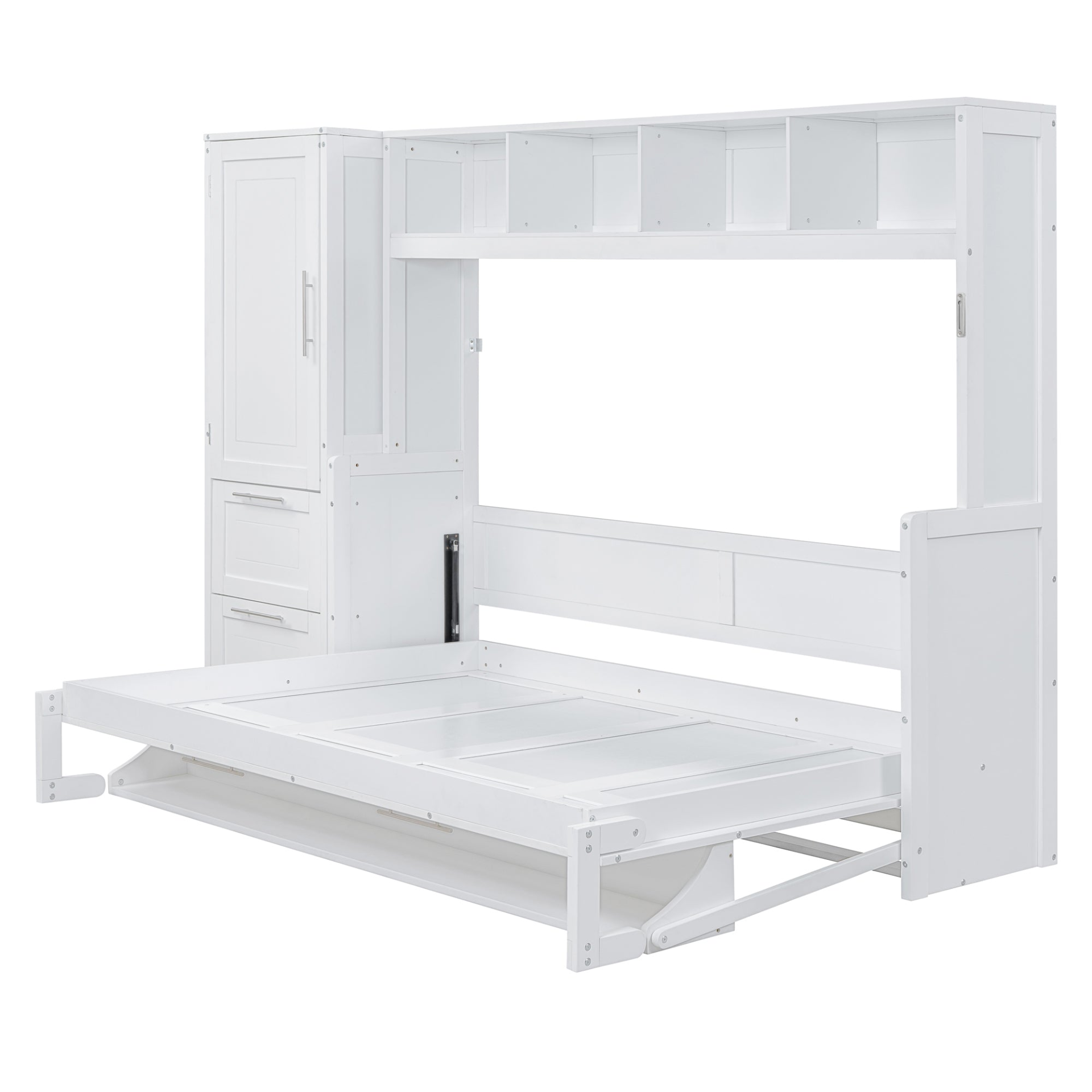 Modern queen size Murphy bed by Start2Finish with built-in closet and drawers, space-saving wall bed design in a contemporary room setting.