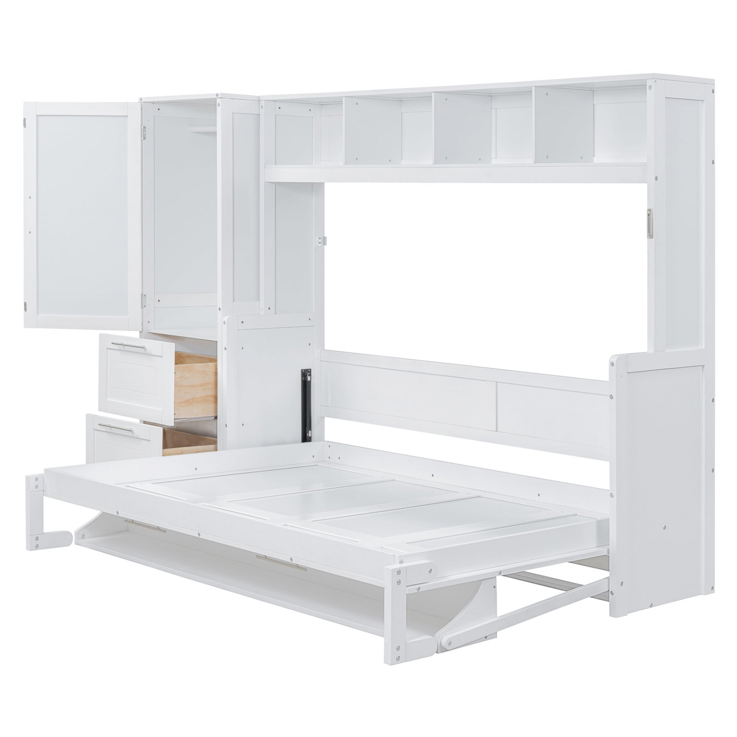 Queen size Murphy bed wall unit with closet and drawers, modern space-saving design by Start2Finish in a compact room setting.
