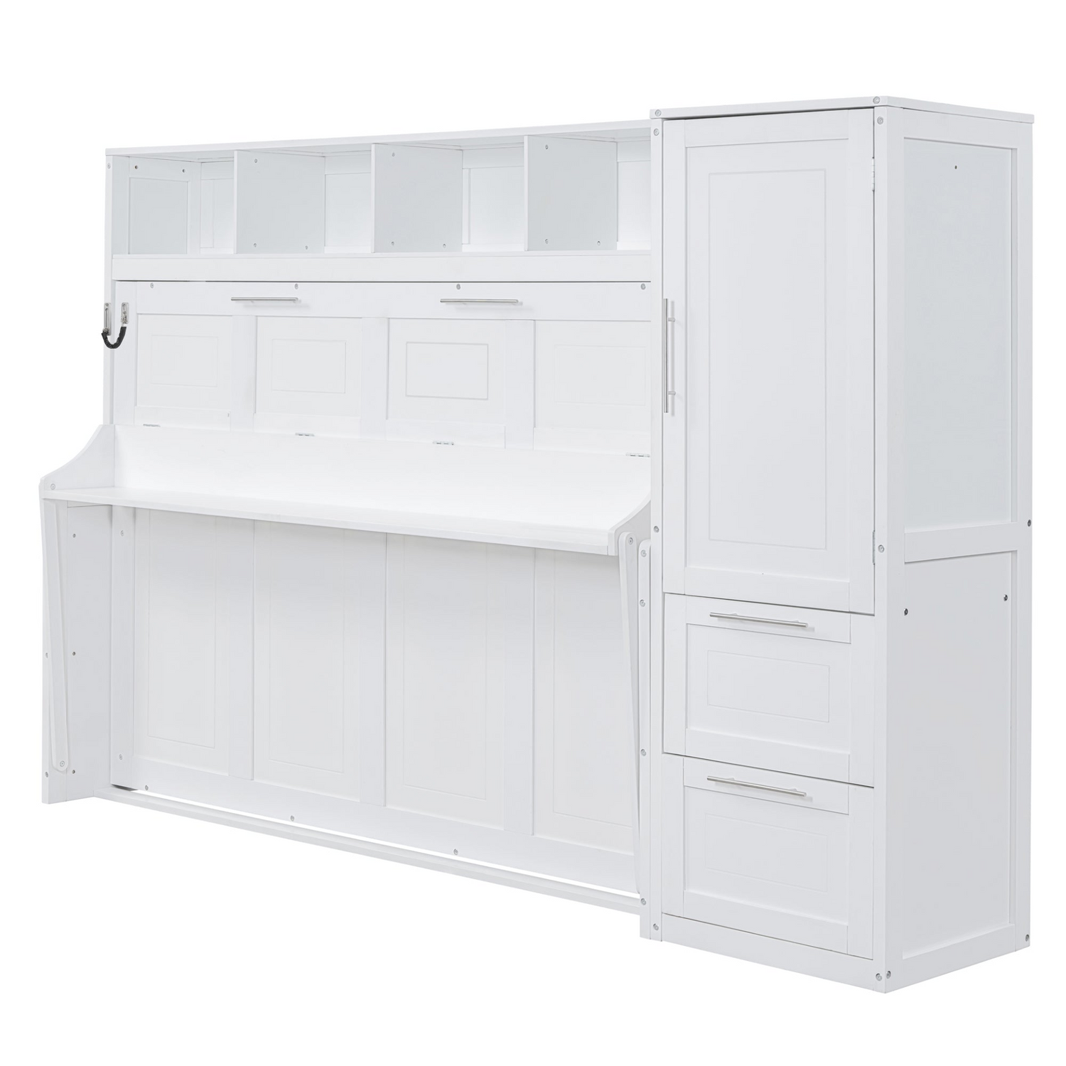 Start2Finish queen size Murphy wall bed with closet and drawers, modern space-saving bedroom furniture unit.