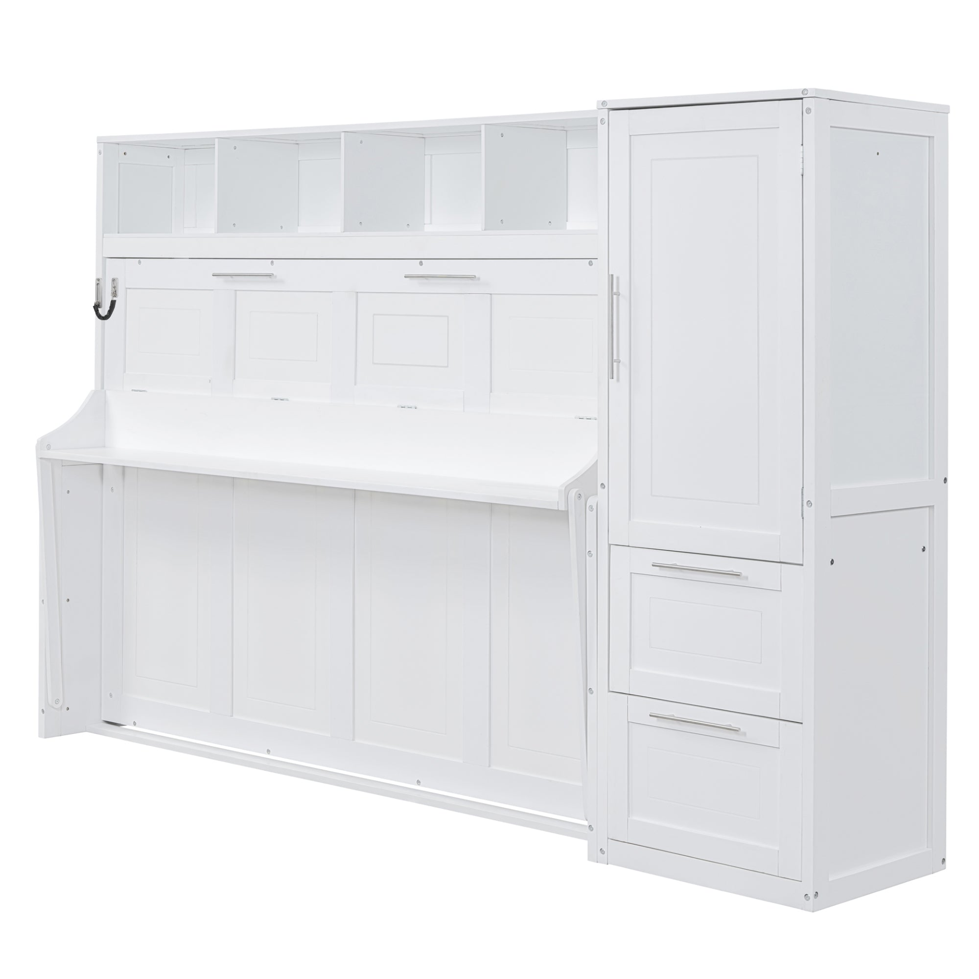 Start2Finish queen size Murphy wall bed with closet and drawers, modern space-saving bedroom furniture unit.