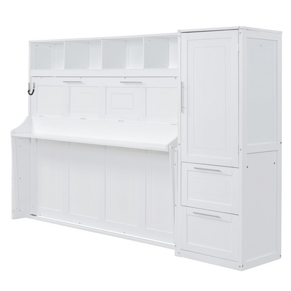Start2Finish queen size Murphy wall bed with closet and drawers, modern space-saving bedroom furniture unit.