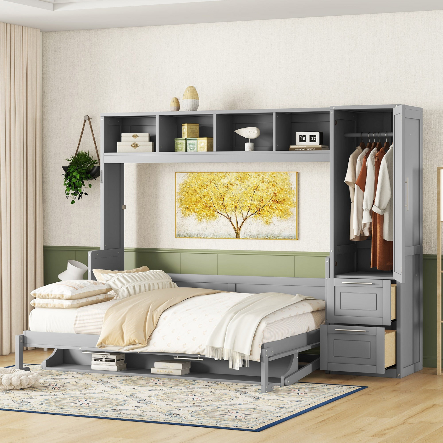 Queen size Murphy bed from Start2Finish with built-in closet and drawers, modern space-saving wall bed in a contemporary room.