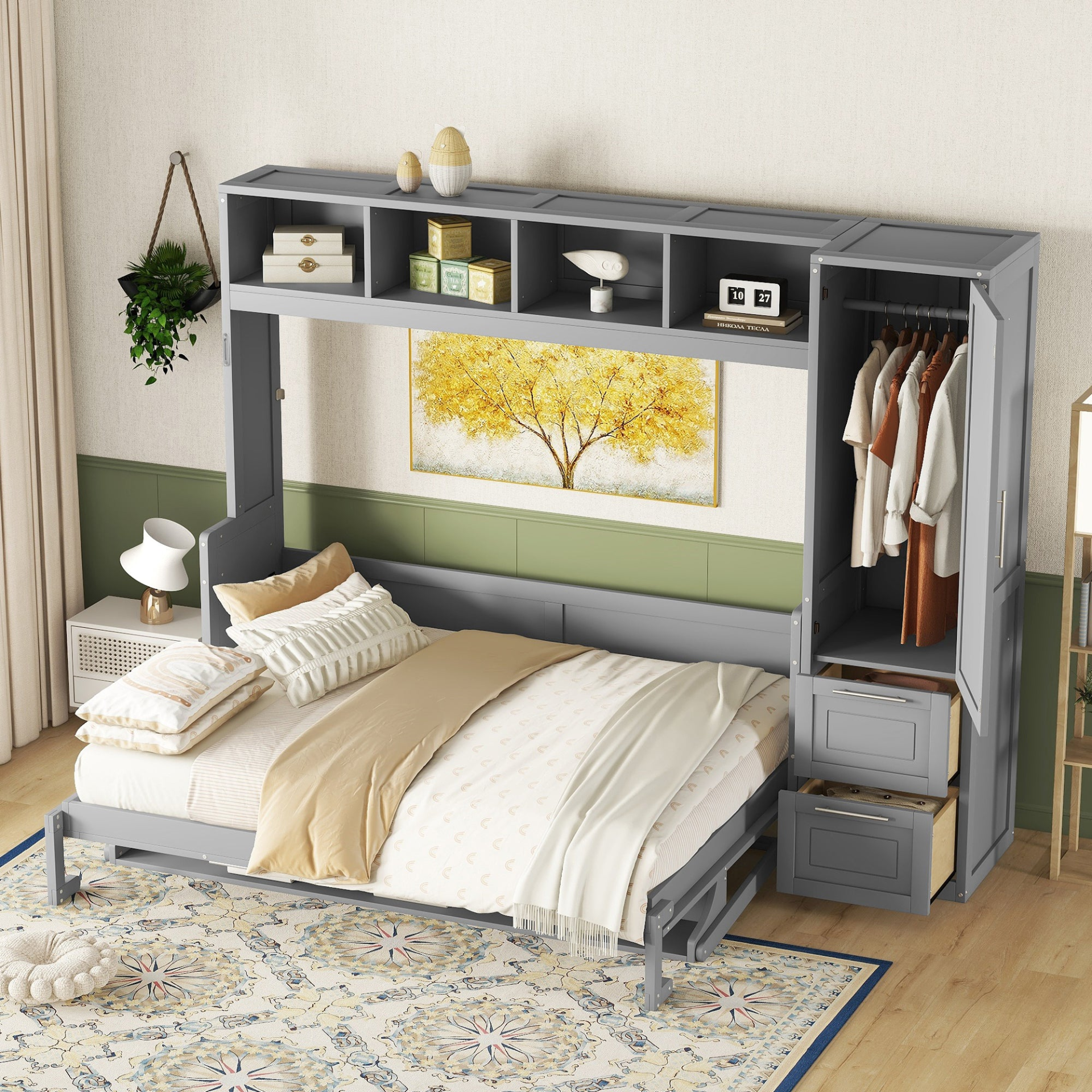 Start2Finish queen size Murphy wall bed with closet and drawers, modern space-saving bedroom furniture in a contemporary room.