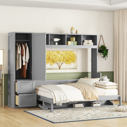Queen size Murphy wall bed with closet and drawers, modern space-saving wall bed unit by Start2Finish, shown in a contemporary room.