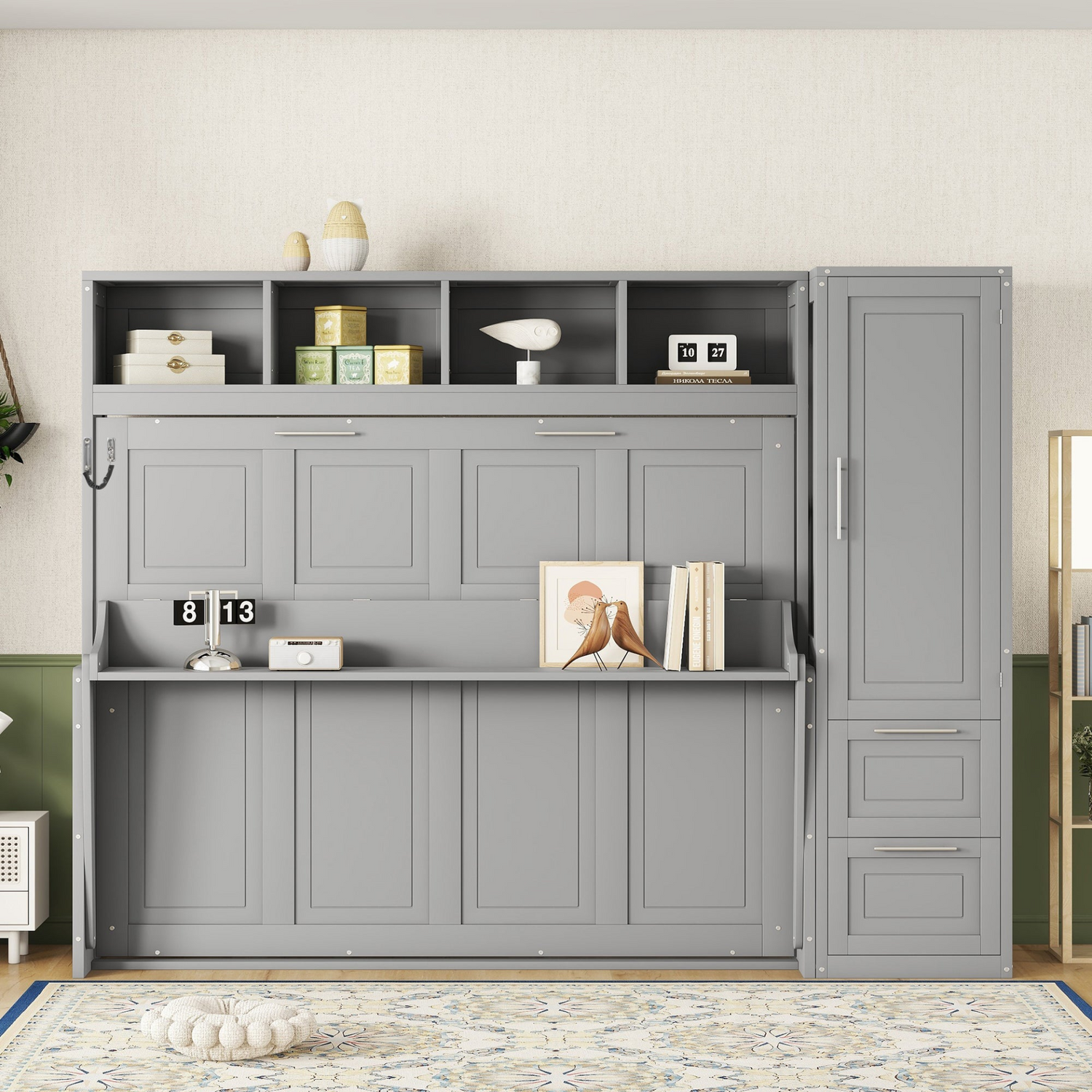 Start2Finish queen size Murphy wall bed with built-in closet and drawers, modern space-saving bedroom furniture, folded against the wall