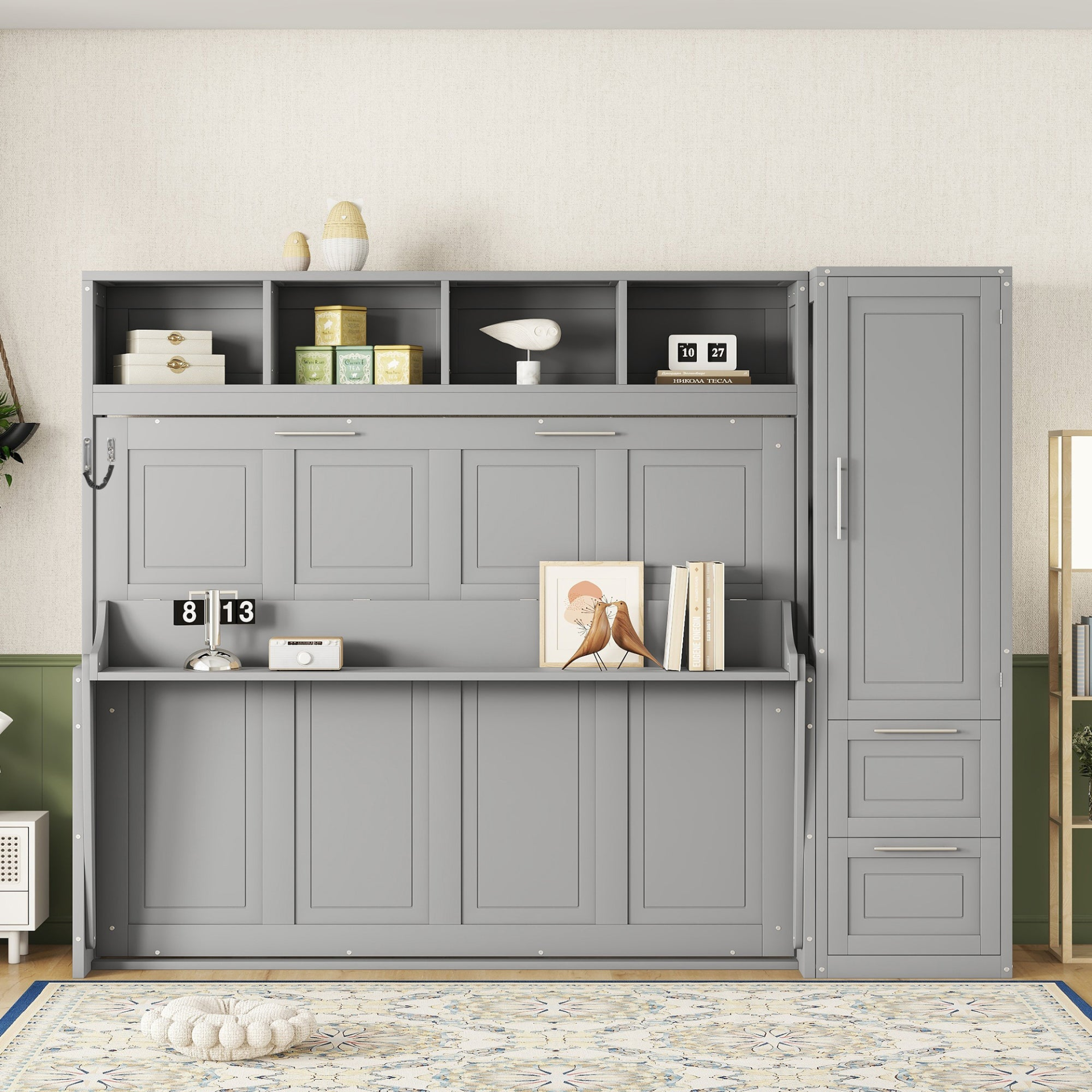 Start2Finish queen size Murphy wall bed with built-in closet and drawers, modern space-saving bedroom furniture, folded against the wall