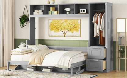 Queen size Murphy bed by Start2Finish with built-in closet and drawers, modern space-saving wall bed in a sleek design.