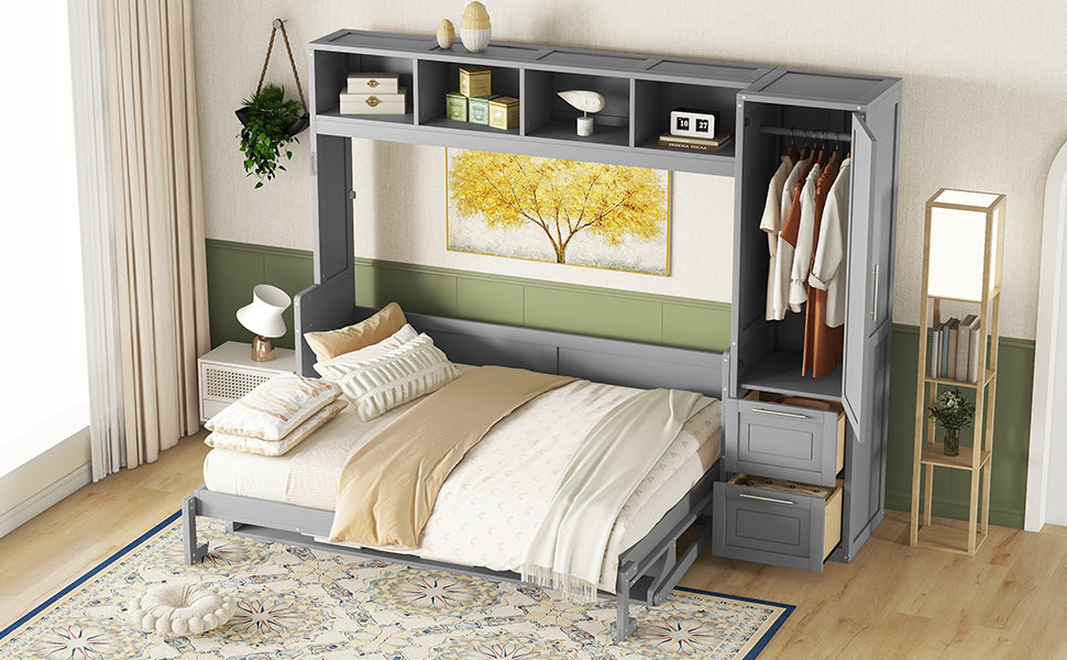 Queen size Murphy wall bed from Start2Finish with built-in closet and drawers, modern space-saving design, shown in a contemporary room.