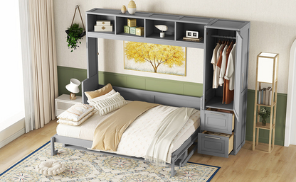 Queen size Murphy wall bed from Start2Finish with built-in closet and drawers, modern space-saving design, shown in a contemporary room.