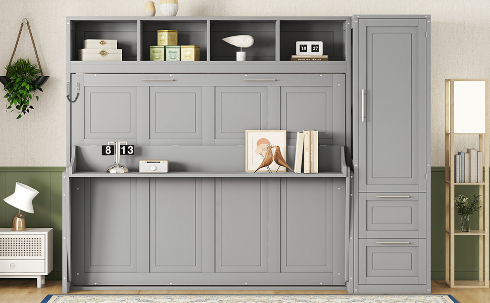 Modern queen size Murphy wall bed by Start2Finish with built-in closet and drawers, space-saving design in a sleek, contemporary style.