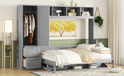 Queen size Murphy bed wall unit by Start2Finish with built-in closet and drawers, modern space-saving design in a contemporary setting.