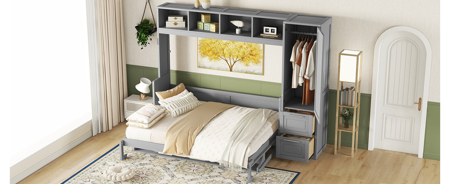 Queen size Murphy wall bed by Start2Finish with built-in closet and drawers, modern space-saving bedroom furniture in a sleek design.