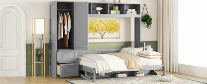 Queen size Murphy bed by Start2Finish with built-in closet and drawers, modern space-saving wall bed in a sleek room setting.