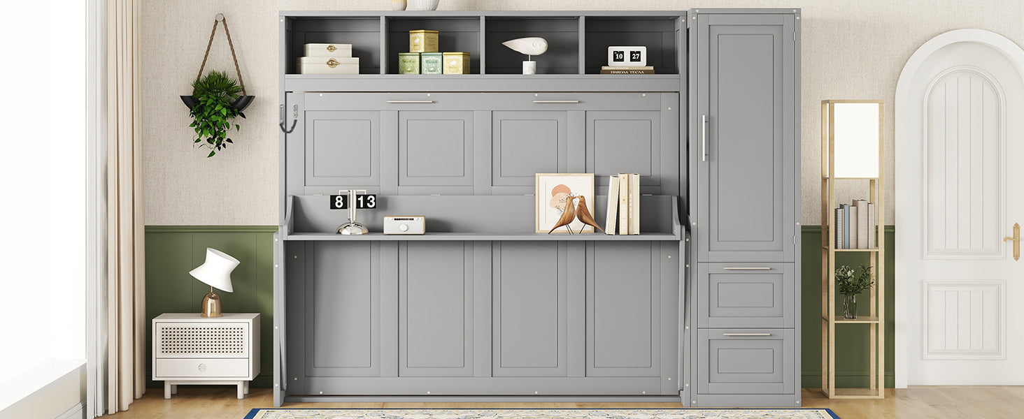 Queen size Murphy wall bed with built-in closet and drawers, modern space-saving wall bed unit by Start2Finish